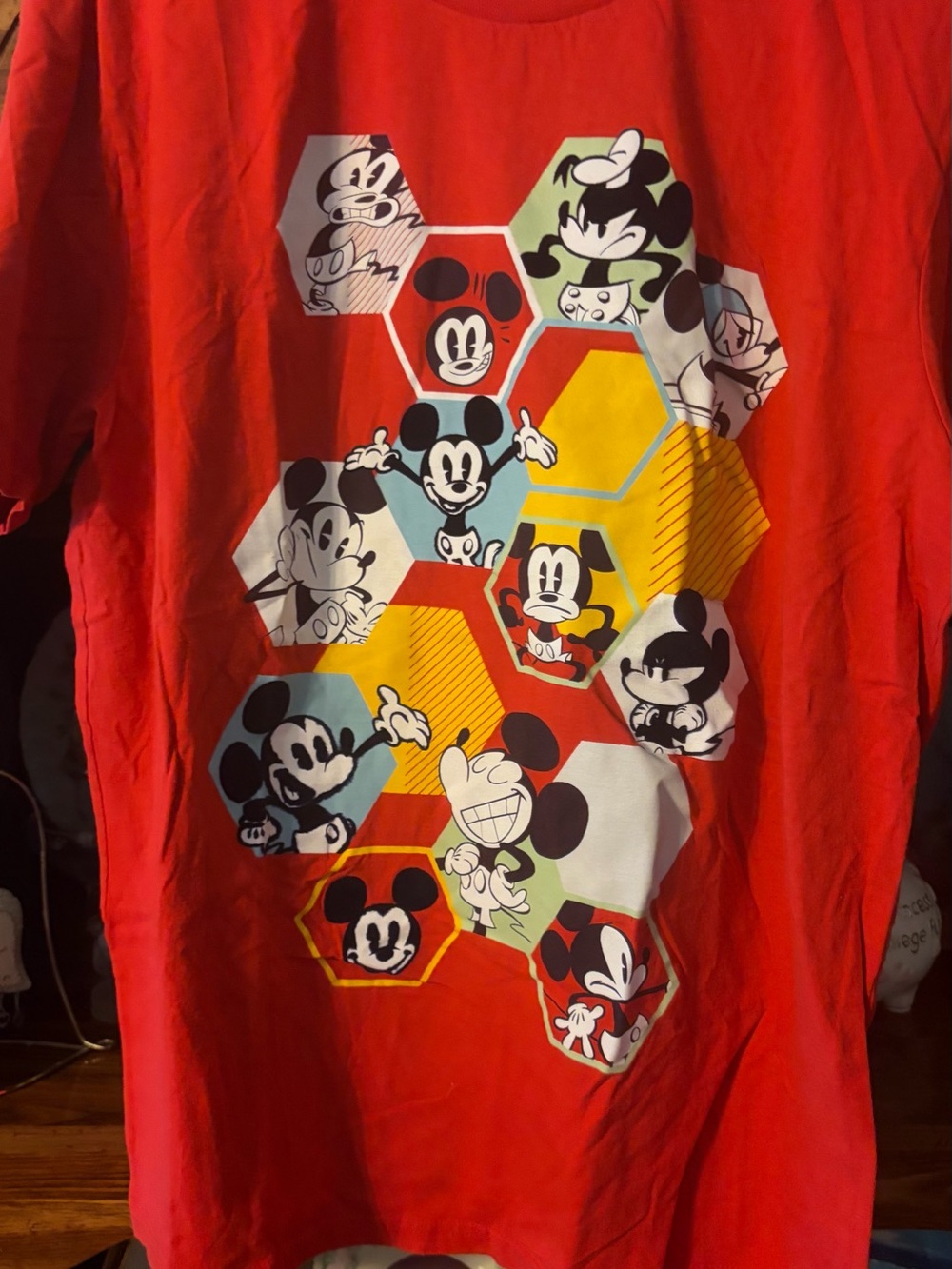 Disney Red Short Sleeve Tee with Multicolor Mickey Hexagon Art